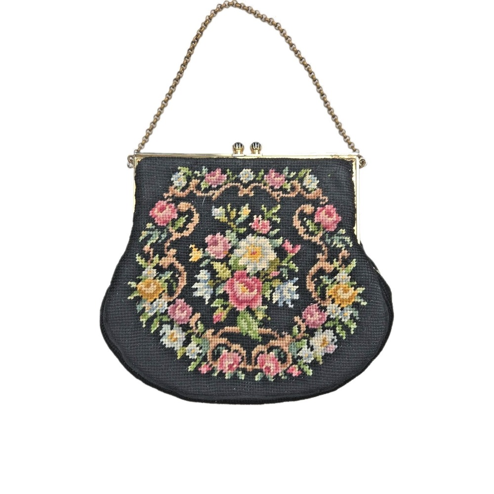Vintage Handmade Needlepoint Petit Point Floral Hand Bag Purse Black Chain Strap